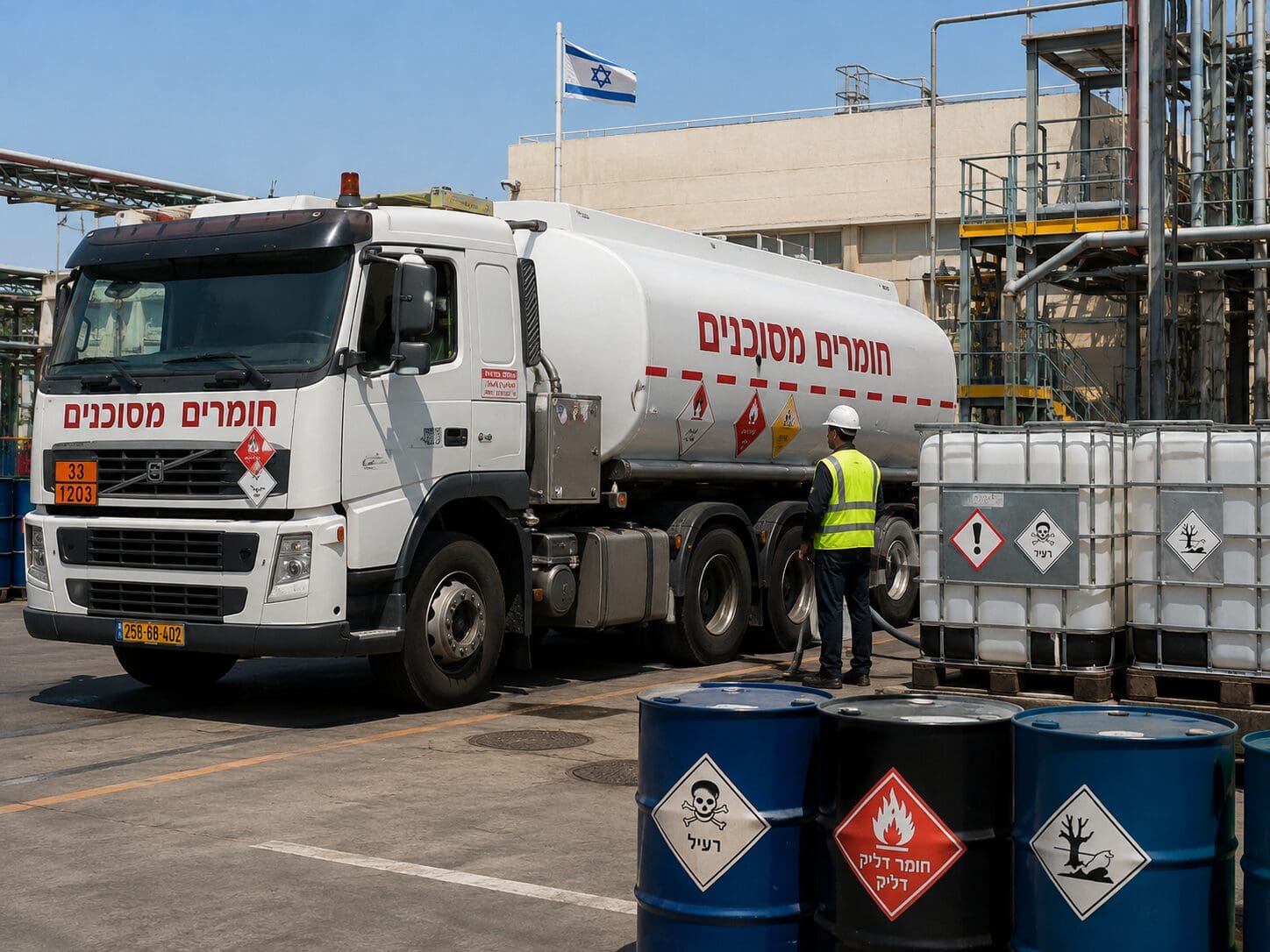 משאית מכלית ומכלי חומרים מסוכנים בשטח תפעולי